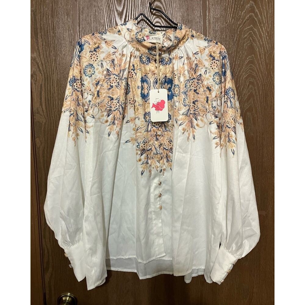 L'ATISTE by Amy Button 1X Mandarin Collar Satin Printed Dress Blouse Brand New - Picture 15 of 16
